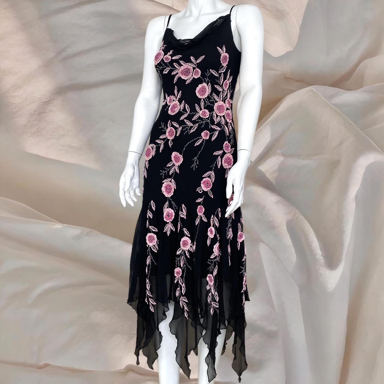 Black gorgeous pink floral beaded asymmetric midi prom ball gown evening gown party dress  nv4577