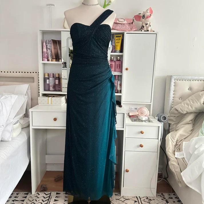 Robe de soirée longue en mousseline de soie, élégante, dégradée de turquoise, style rétro, scintillante, fluide, asymétrique, avec strass, robe de bal, robe d'anniversaire, robe de bal, robe de remise de diplôme, nv4251