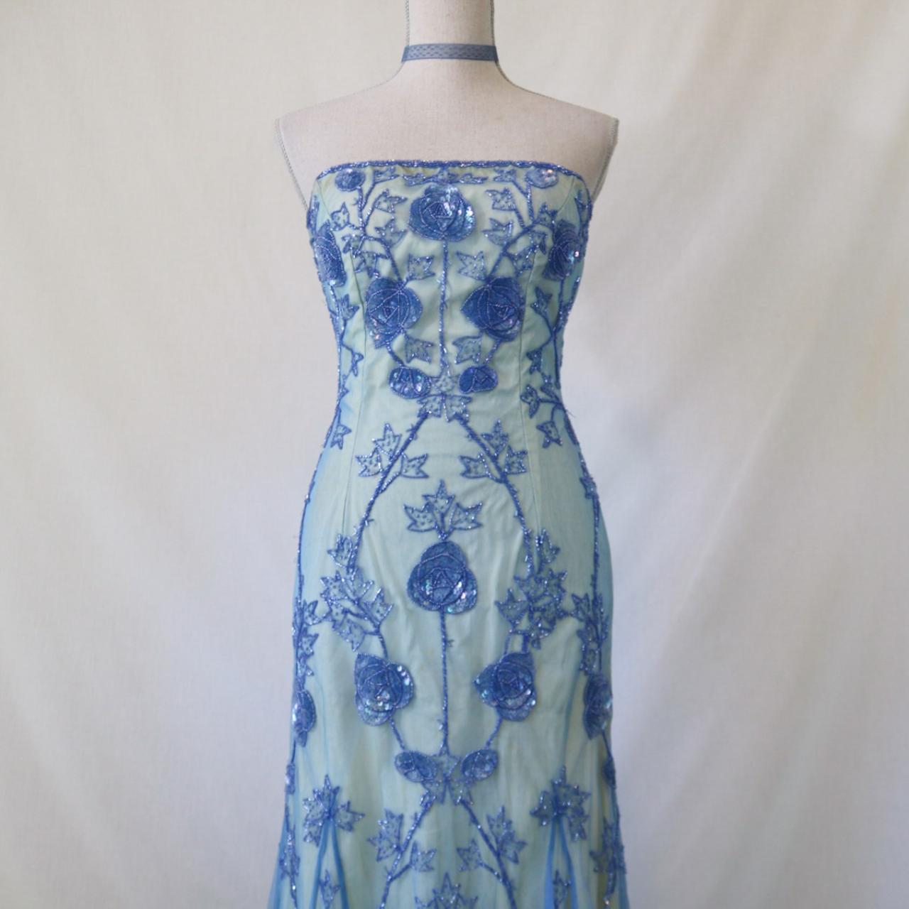 Robe de soirée longue en tulle perlé bleu aqua vintage nv4994