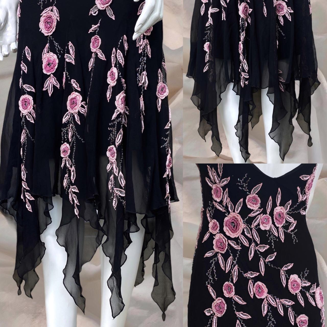 Black gorgeous pink floral beaded asymmetric midi prom ball gown evening gown party dress  nv4577