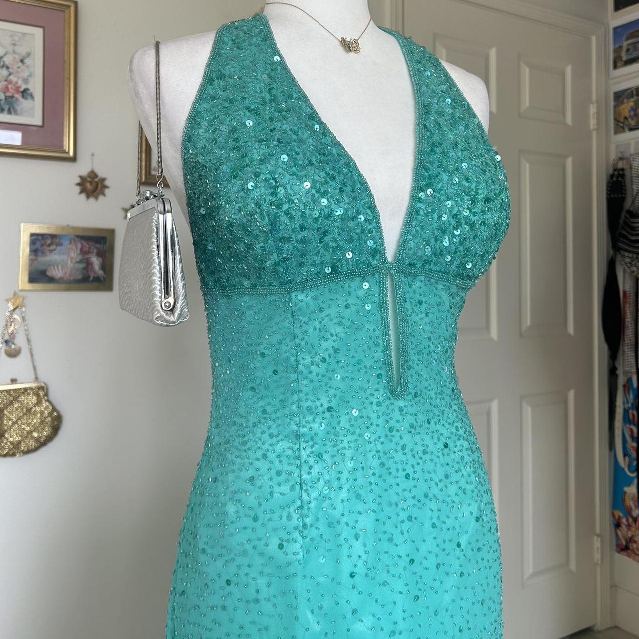 Blue vintage beaded mermaid sequined halter long prom dress evening gown party dress nv4242