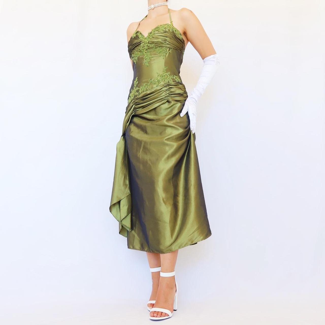 NiceVestidos-Green delicate floral applique vintage long satin gown evening dress Nv5633