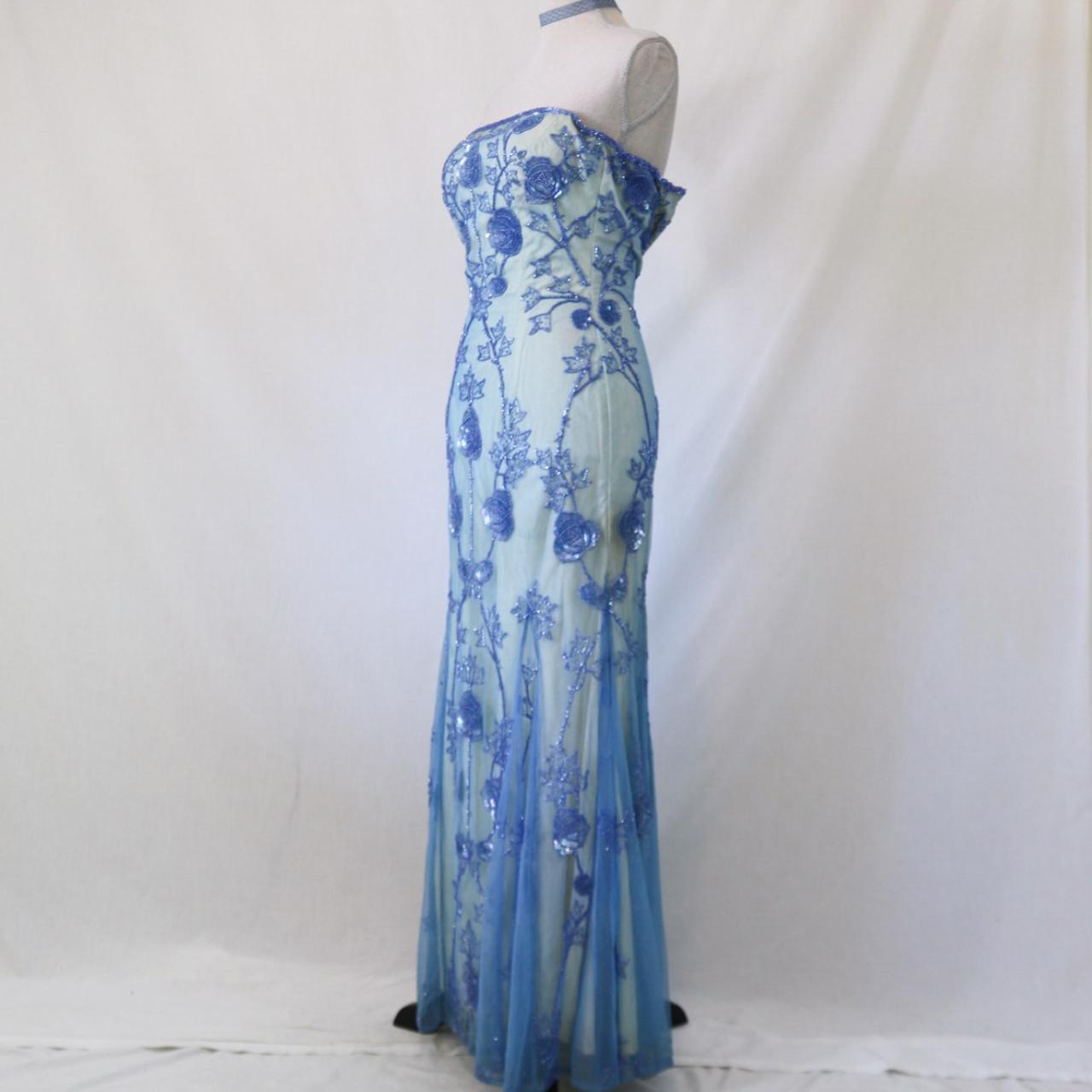 Robe de soirée longue en tulle perlé bleu aqua vintage nv4994