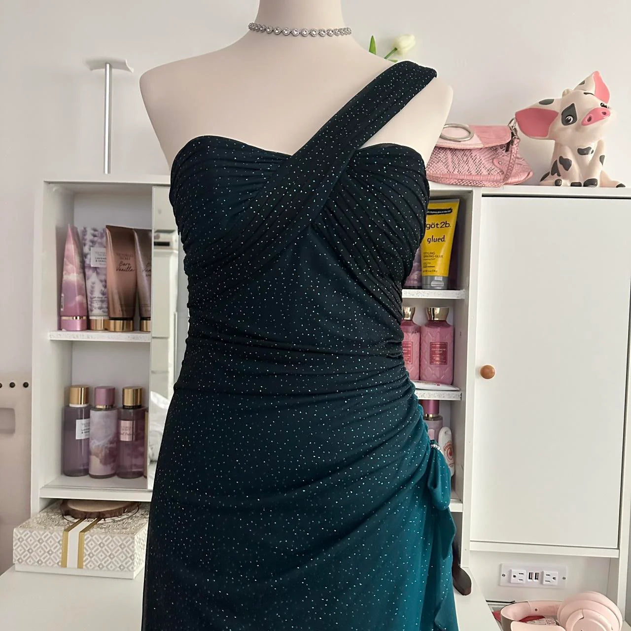 Robe de soirée longue en mousseline de soie, élégante, dégradée de turquoise, style rétro, scintillante, fluide, asymétrique, avec strass, robe de bal, robe d'anniversaire, robe de bal, robe de remise de diplôme, nv4251