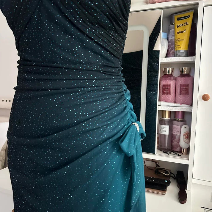 Robe de soirée longue en mousseline de soie, élégante, dégradée de turquoise, style rétro, scintillante, fluide, asymétrique, avec strass, robe de bal, robe d'anniversaire, robe de bal, robe de remise de diplôme, nv4251