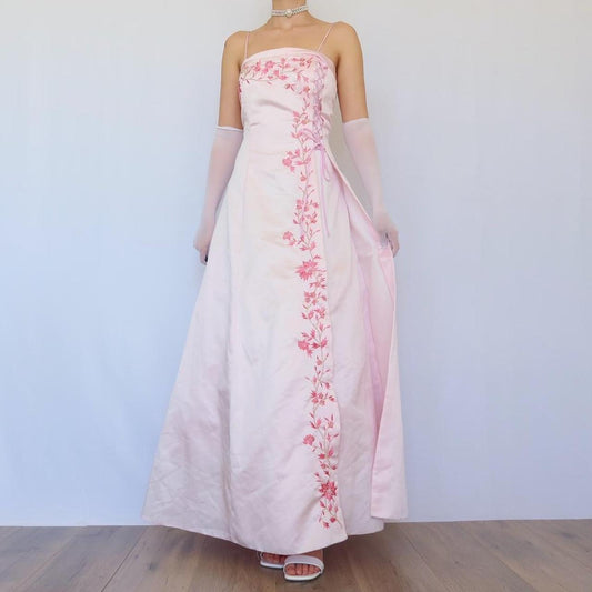 NiceVestidos-Feenkleid. Vintage-Kleid, exquisites Blumenkleid, rosa Vintage-Blumen-Langsatinkleid Nv5631