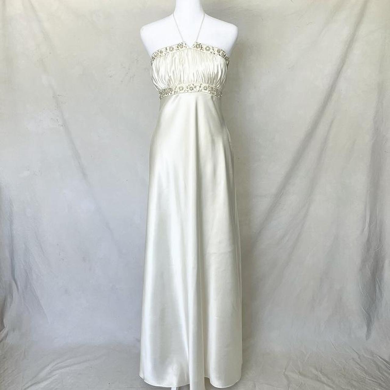 Cream Satin Ball Gown Stunning Maxi Dress Vintage Revealing Delicate Gold Pearl Beading nv4237