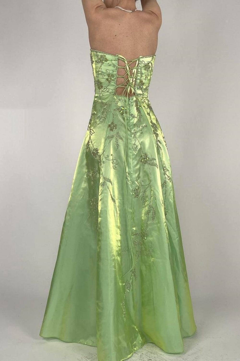 NiceVestidos-Green exquisite beaded long satin fairy gown ball gown y2k vintage dress nv5441