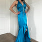 Blue Vintage Rhinestone Halter Neck Long Satin Prom Gown Evening Dress Party Dress nv4664