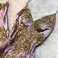 Women's Gold and Pink Intricate Beaded Long Sequined Satin Gown nv5328