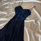 Navy blue shiny spaghetti strap long chiffon prom dress homecoming dress birthday party dress nv5388