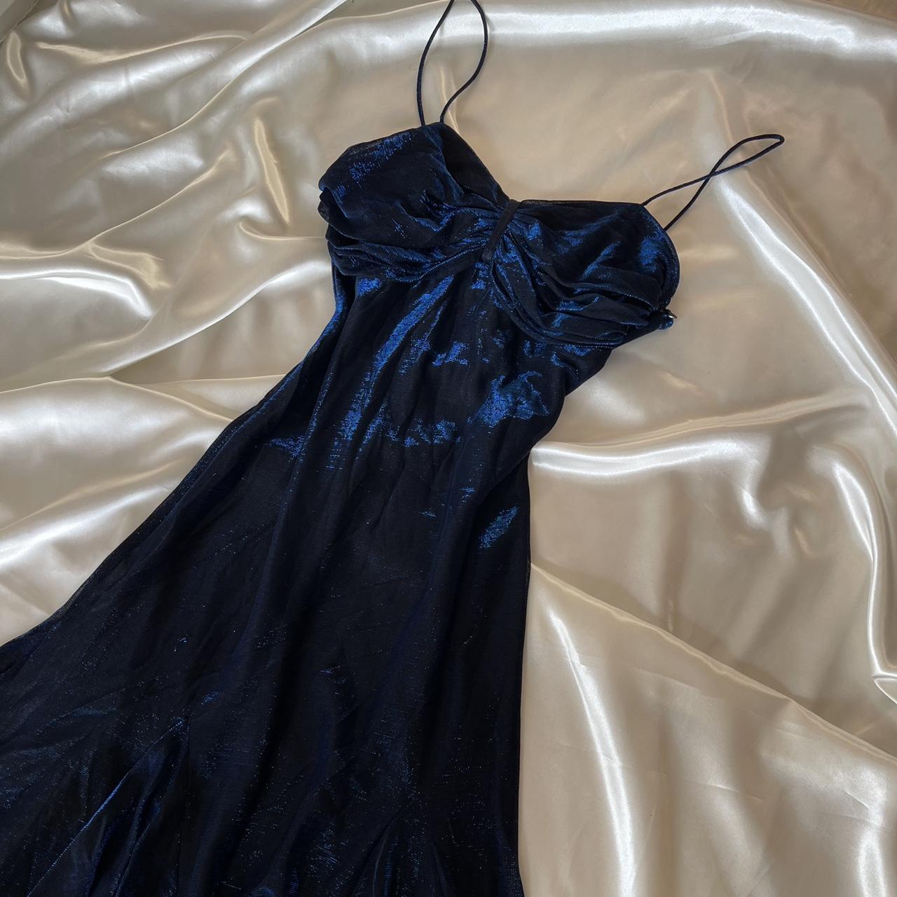Navy blue shiny spaghetti strap long chiffon prom dress homecoming dress birthday party dress nv5388