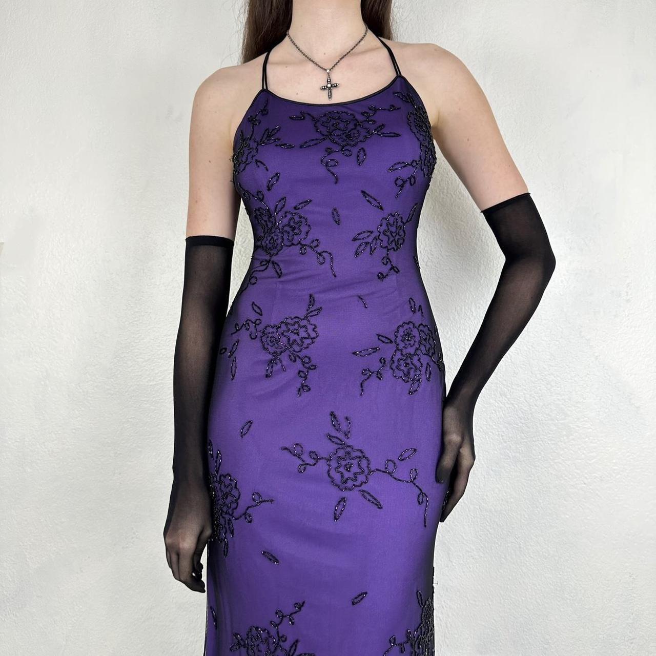 Vintage Purple Black Gothic Vampire Beaded Floral Long Formal Dress Prom Gown Chiffon nv5402