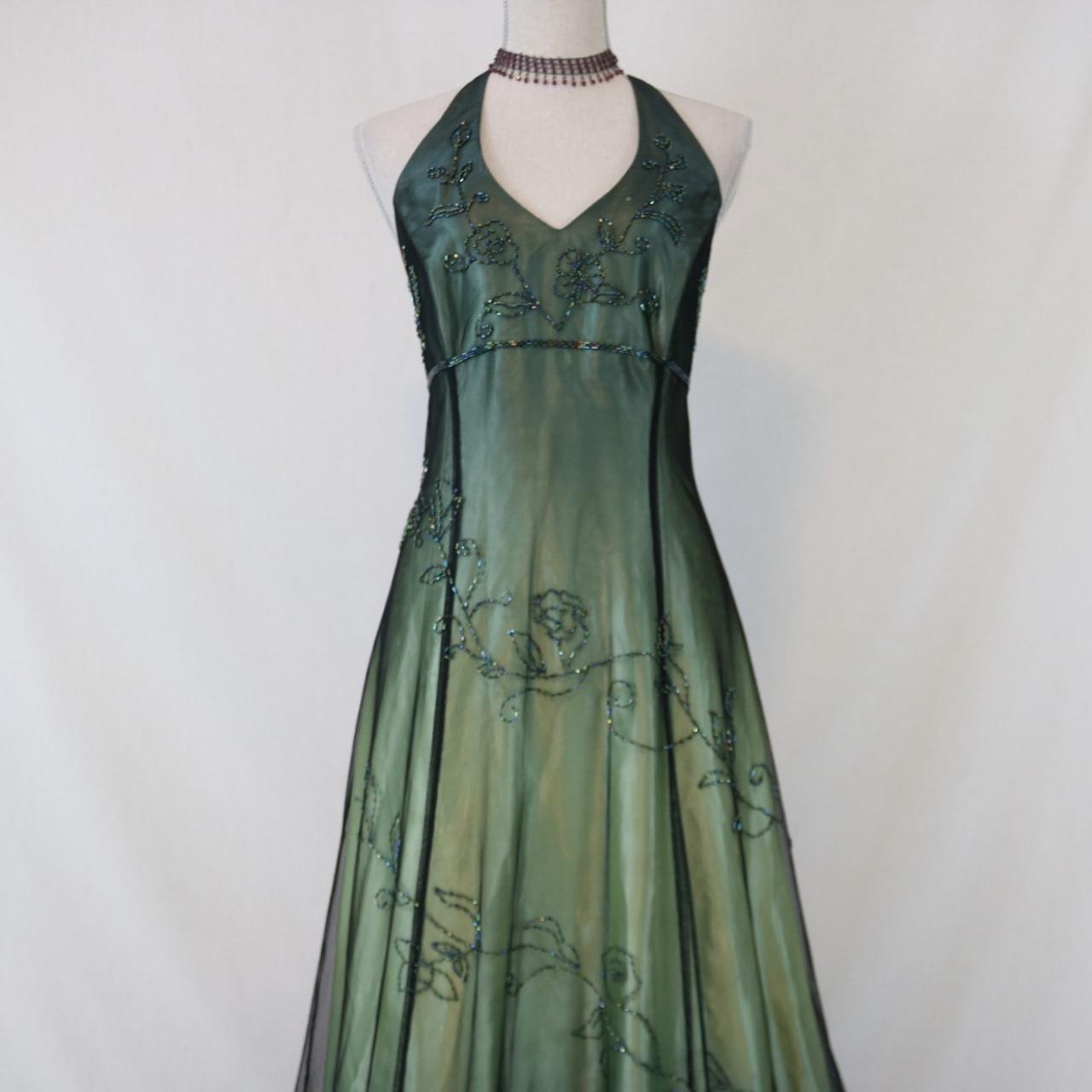 💚Empire Dress Vintage Unique Green Ombre Floral Beaded Long Mermaid Tulle Formal Prom Dress Evening Gown Party Dress nv4989