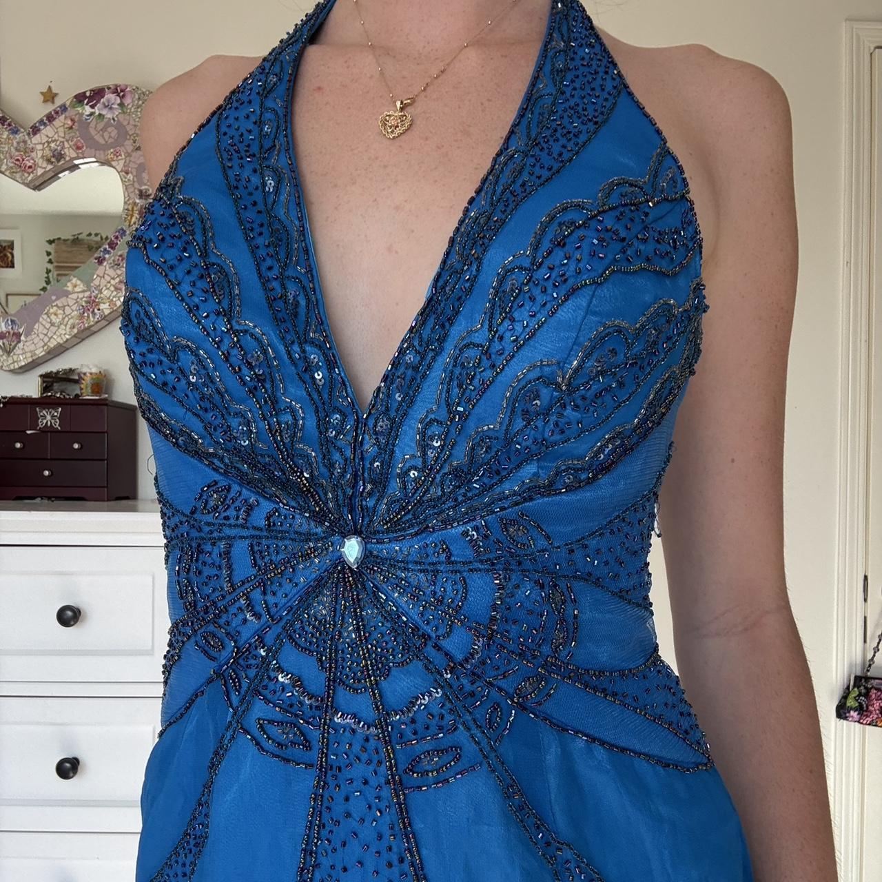 Robe de soirée longue bleue scintillante à perles et perles nv4681