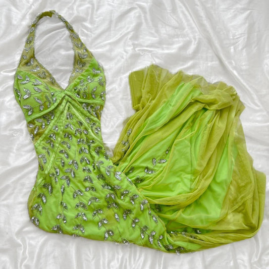 Robe de bal longue en mousseline de soie à fleurs et perles vertes, robe de fée nv5193