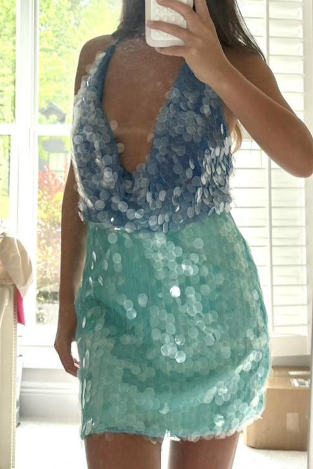 Blue green shiny fashion short sequin homecoming dress cocktail party dress nv5342