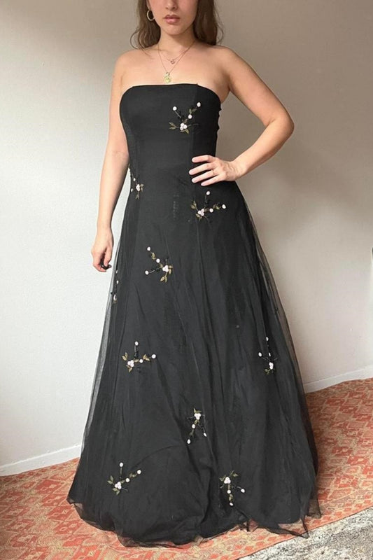 NiceVestidos-Black vintage floral long tulle evening gown Nv5640