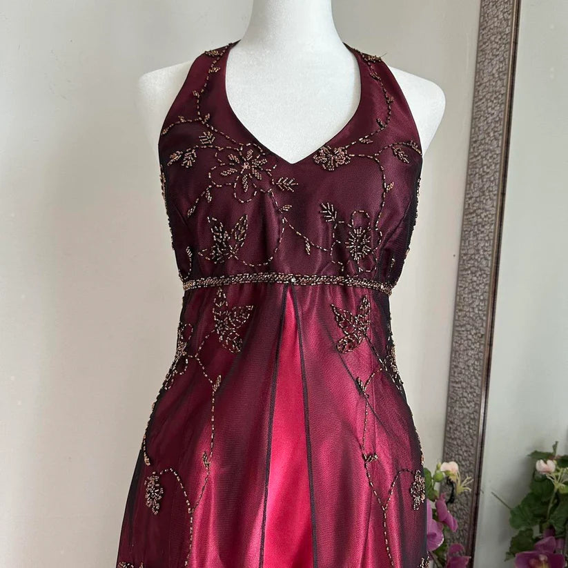 Burgundy Gorgeous Exquisite Beading Elegant Strap Long Satin Tulle Ball Gown Evening Dress Party Dress nv3974