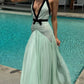 Mint green long fashionable V-neck chiffon prom dress evening dress wedding guest party dress nv5243