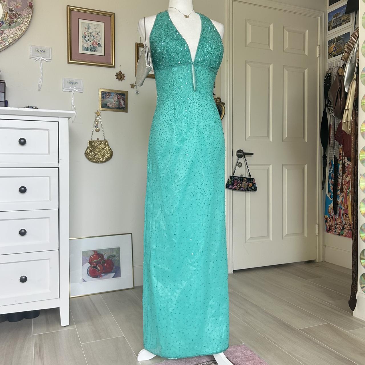 Blue vintage beaded mermaid sequined halter long prom dress evening gown party dress nv4242