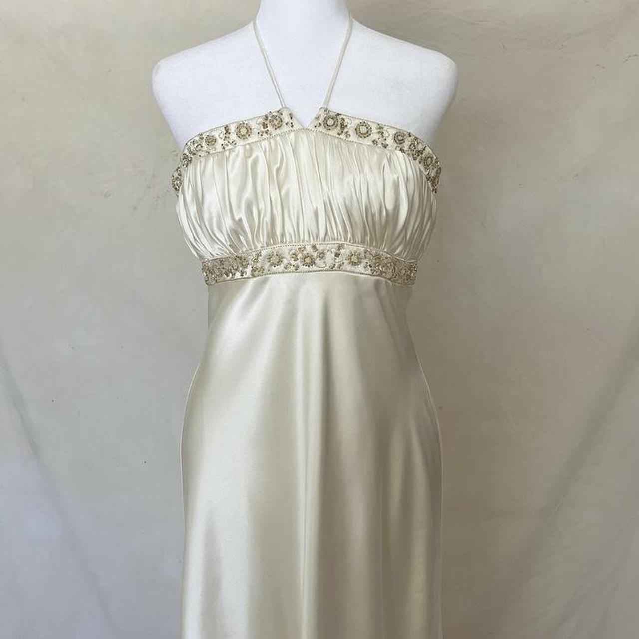 Cream Satin Ball Gown Stunning Maxi Dress Vintage Revealing Delicate Gold Pearl Beading nv4237