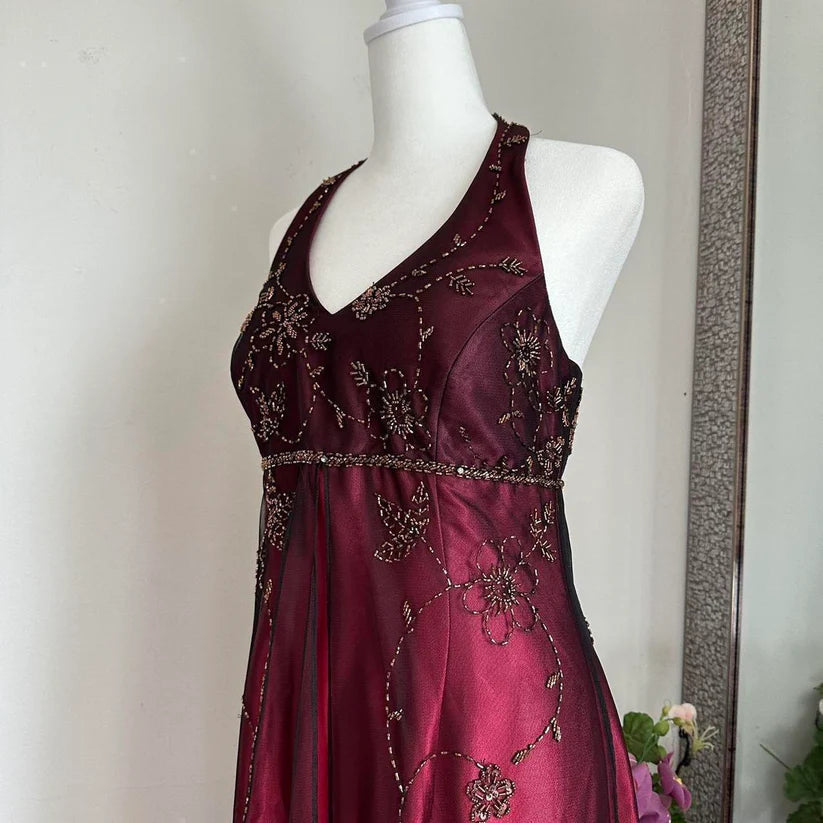 Burgundy Gorgeous Exquisite Beading Elegant Strap Long Satin Tulle Ball Gown Evening Dress Party Dress nv3974