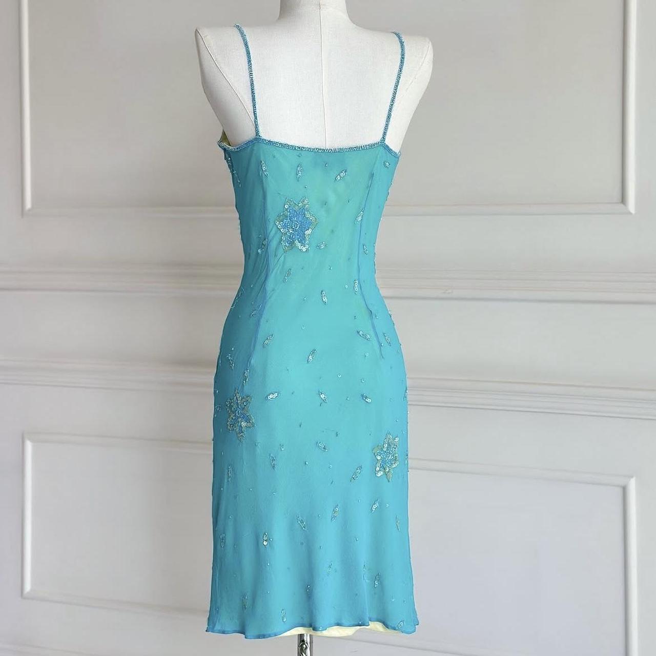 Robe de soirée turquoise vintage Y2K style bohème, motif floral, perles, paillettes, broderie, mi-longue, en mousseline de soie, robe à bretelles, robe de bal, robe de soirée, robe de soirée, nv4411