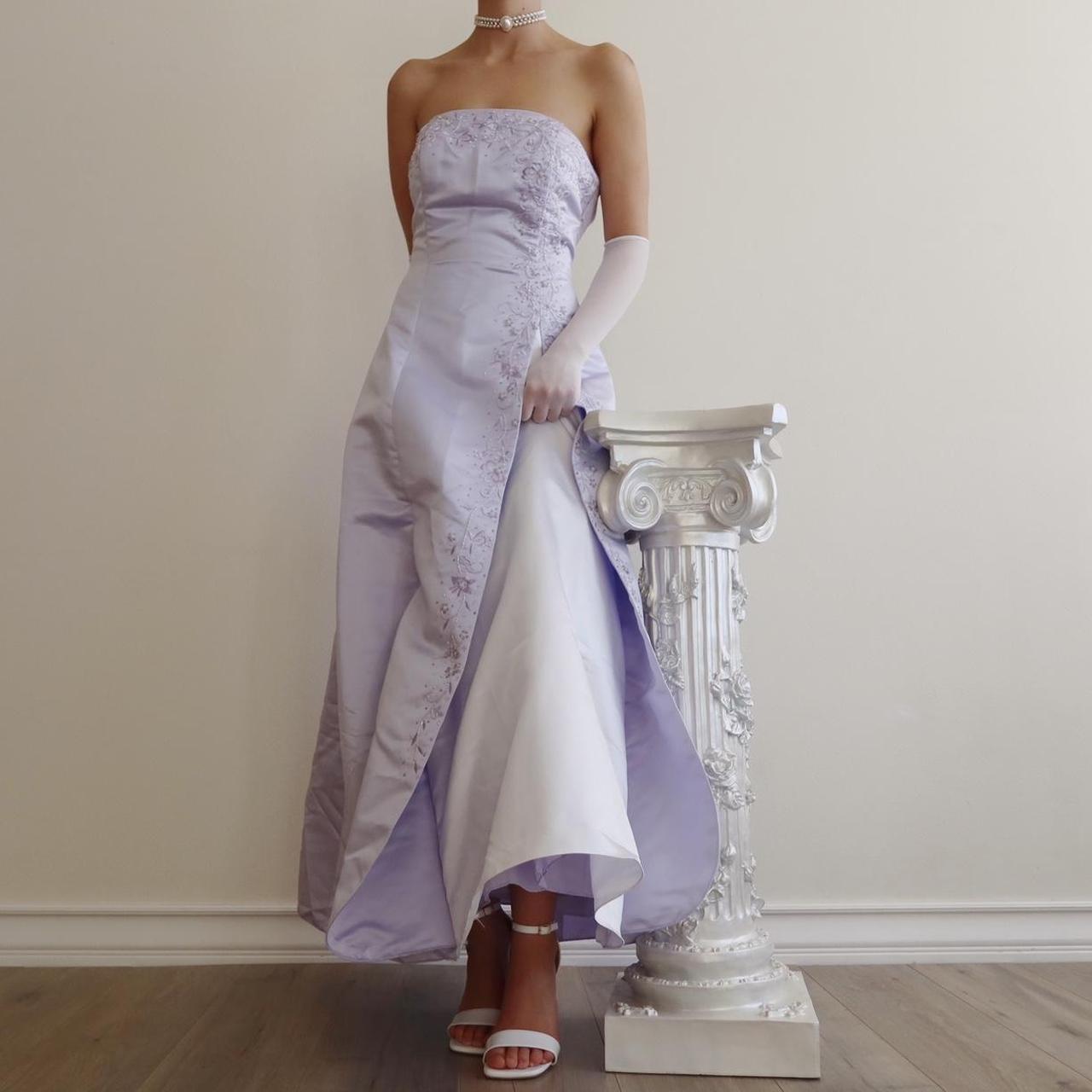 Robe de soirée longue en satin et tulle, tenue de bal élégante et raffinée, style vintage, violet clair, motif floral, perles, pour anniversaire, nv4001