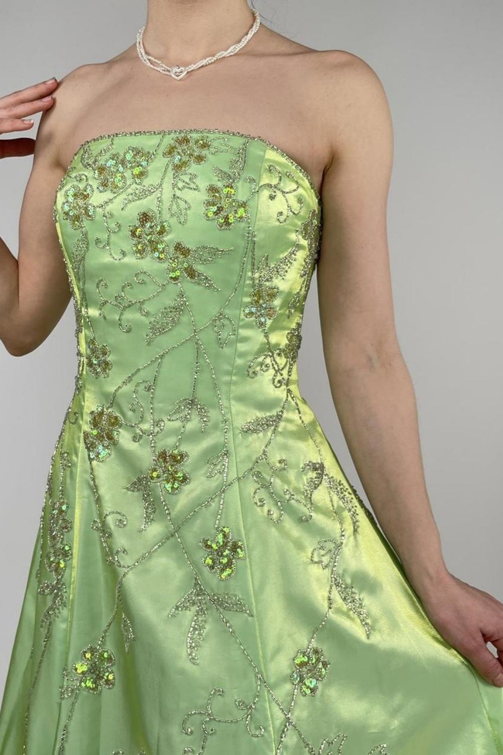 NiceVestidos-Green exquisite beaded long satin fairy gown ball gown y2k vintage dress nv5441