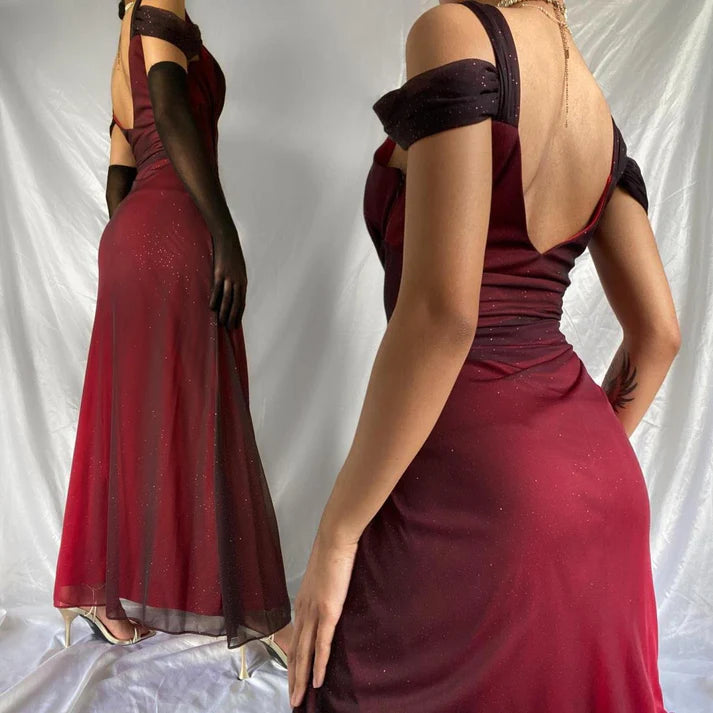 Burgunderrotes, glänzendes, elegantes, schulterfreies Rüschenkleid aus Chiffon, elegant, lang, Abendkleid, Partykleid, NV4149