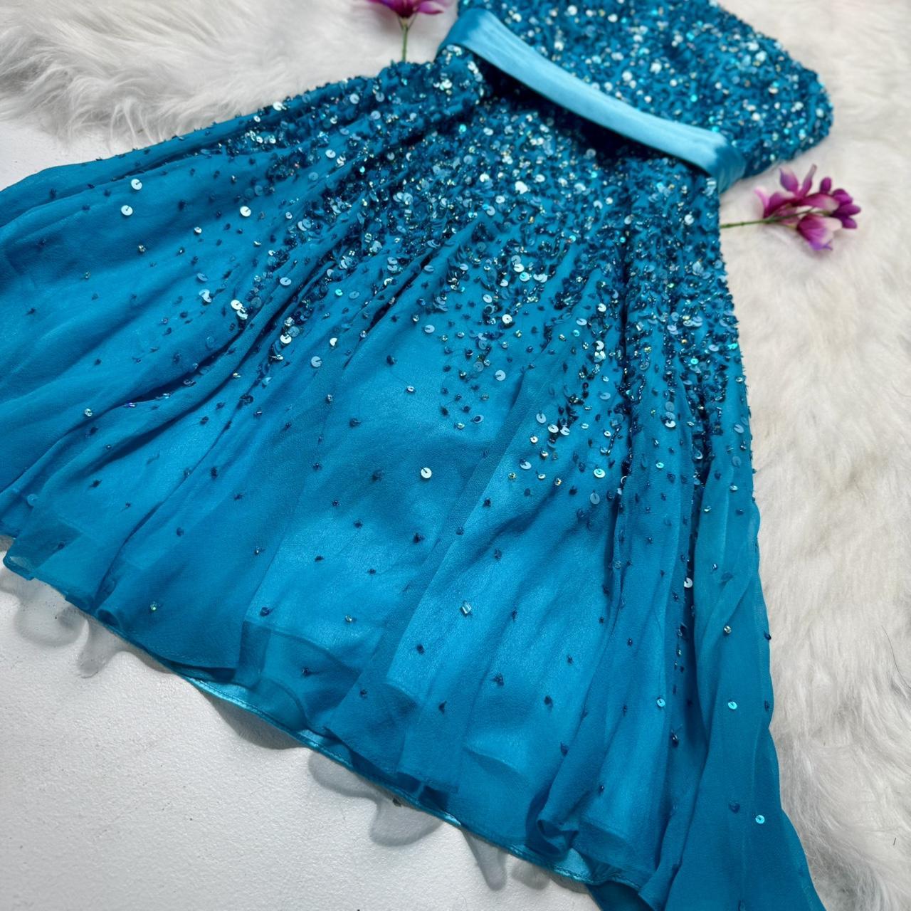 Blue exquisite beaded short chiffon homecoming dress birthday party dress nv5332