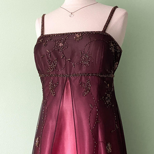NiceVestidos – Burgunderrotes, exquisites Blumenkleid mit Perlen, Vintage-Kleid, langes Tüll-Ballkleid für Damen, NV5648