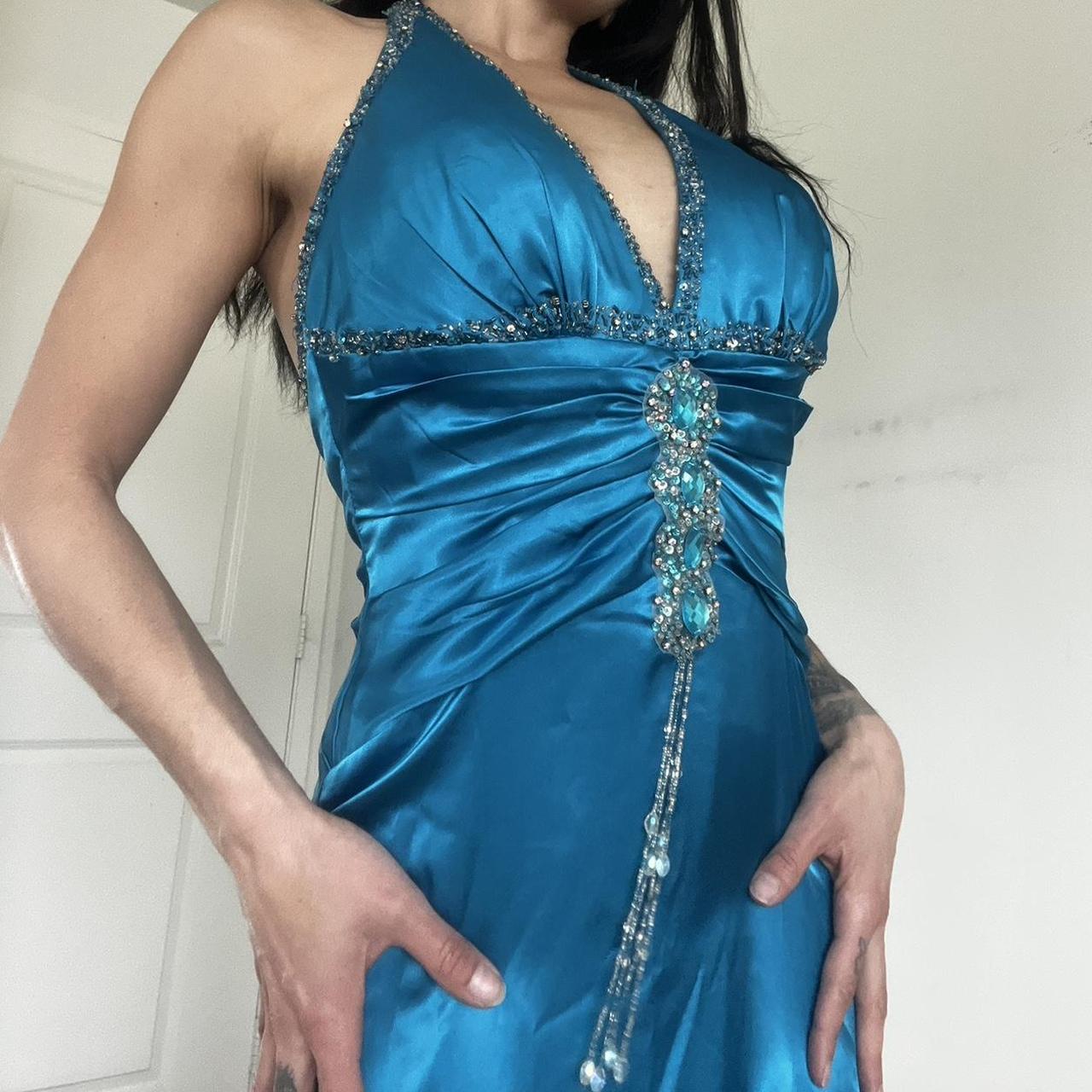 Blue Vintage Rhinestone Halter Neck Long Satin Prom Gown Evening Dress Party Dress nv4664