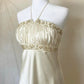 Cream Satin Ball Gown Stunning Maxi Dress Vintage Revealing Delicate Gold Pearl Beading nv4237