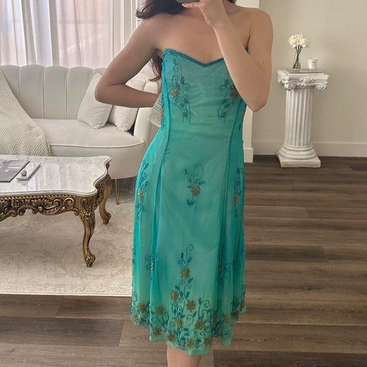 Blaues, kurzes Chiffon-Heimkehrkleid mit Perlen, Partykleid, nv4755