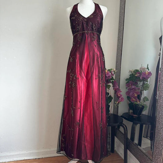 Burgundy Gorgeous Exquisite Beading Elegant Strap Long Satin Tulle Ball Gown Evening Dress Party Dress nv3974