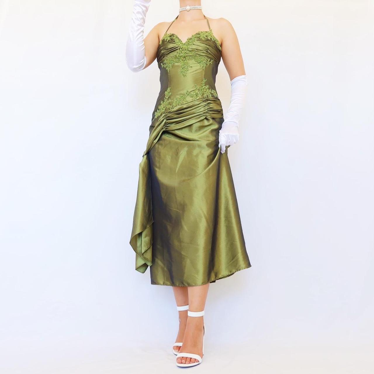 NiceVestidos-Green delicate floral applique vintage long satin gown evening dress Nv5633