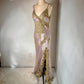 Women's Gold and Pink Intricate Beaded Long Sequined Satin Gown nv5328