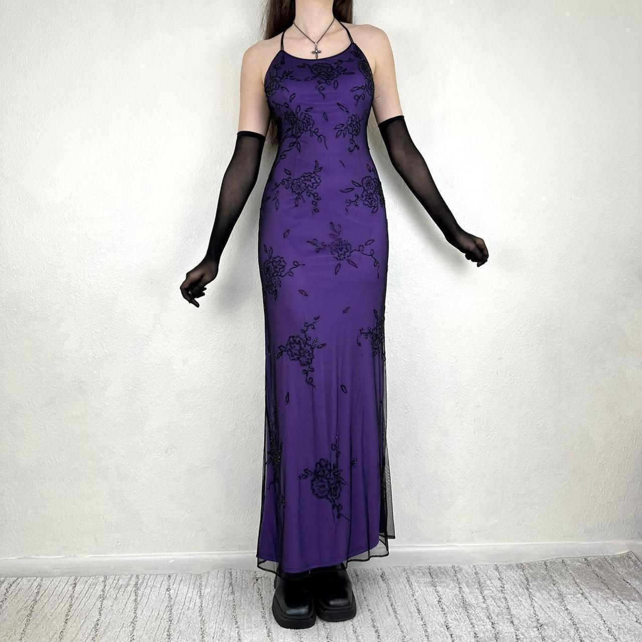 Vintage Purple Black Gothic Vampire Beaded Floral Long Formal Dress Prom Gown Chiffon nv5402