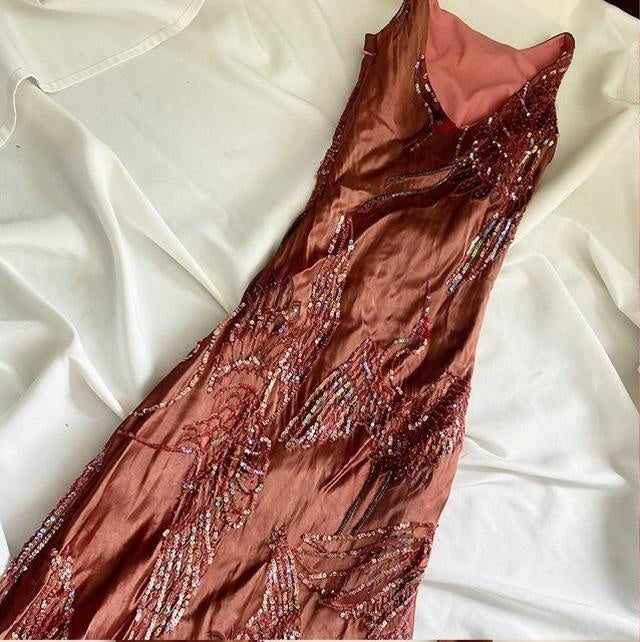 Braunes Perlenkleid, elegantes langes Satin, Geburtstagskleid, Ballkleid, Partykleid, Heimkehrkleid, nv4530