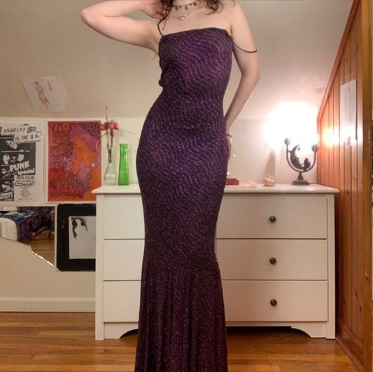 Purple Shiny Elegant Fashion Spaghetti Strap Long Sequined Ball Gown Evening Dress Party Dress nv3640