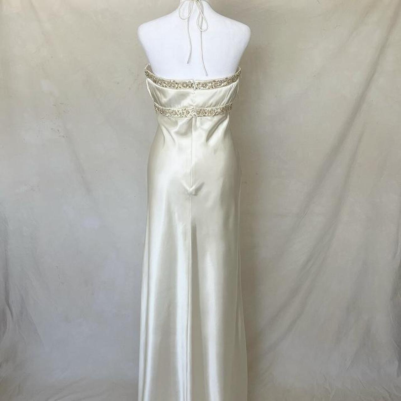 Cream Satin Ball Gown Stunning Maxi Dress Vintage Revealing Delicate Gold Pearl Beading nv4237