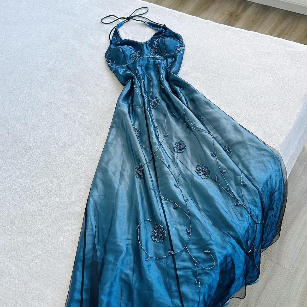 Blue Gradient Fashion Exquisite Beading Vintage Long Satin Ball Gown Evening Gown Party Dress nv4583