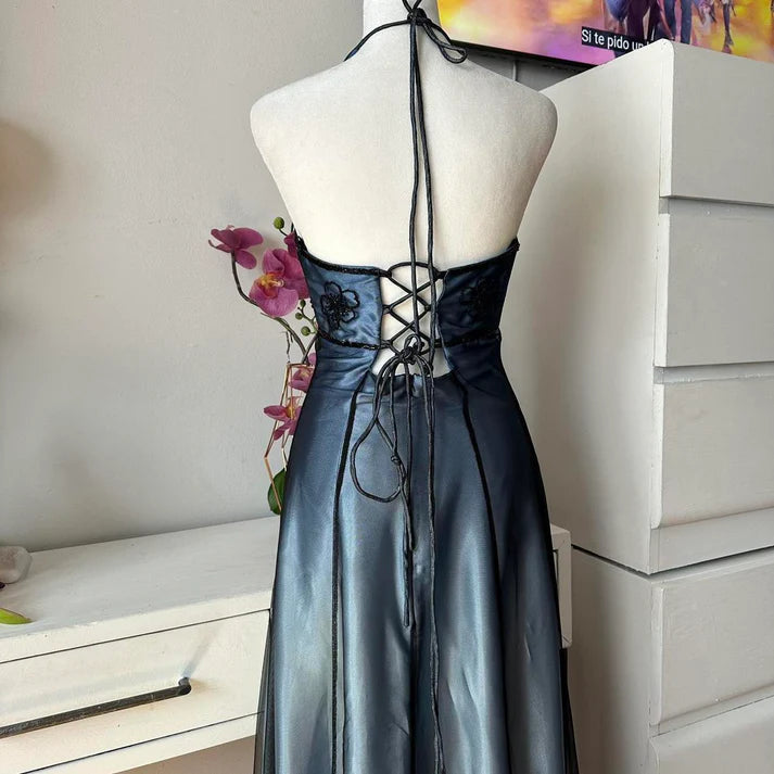 Blau Wunderschöne Vintage Elegante Exquisite Perlen Straps Lange Tüll Ballkleid Abendkleid Partykleid Ballkleid nv4247