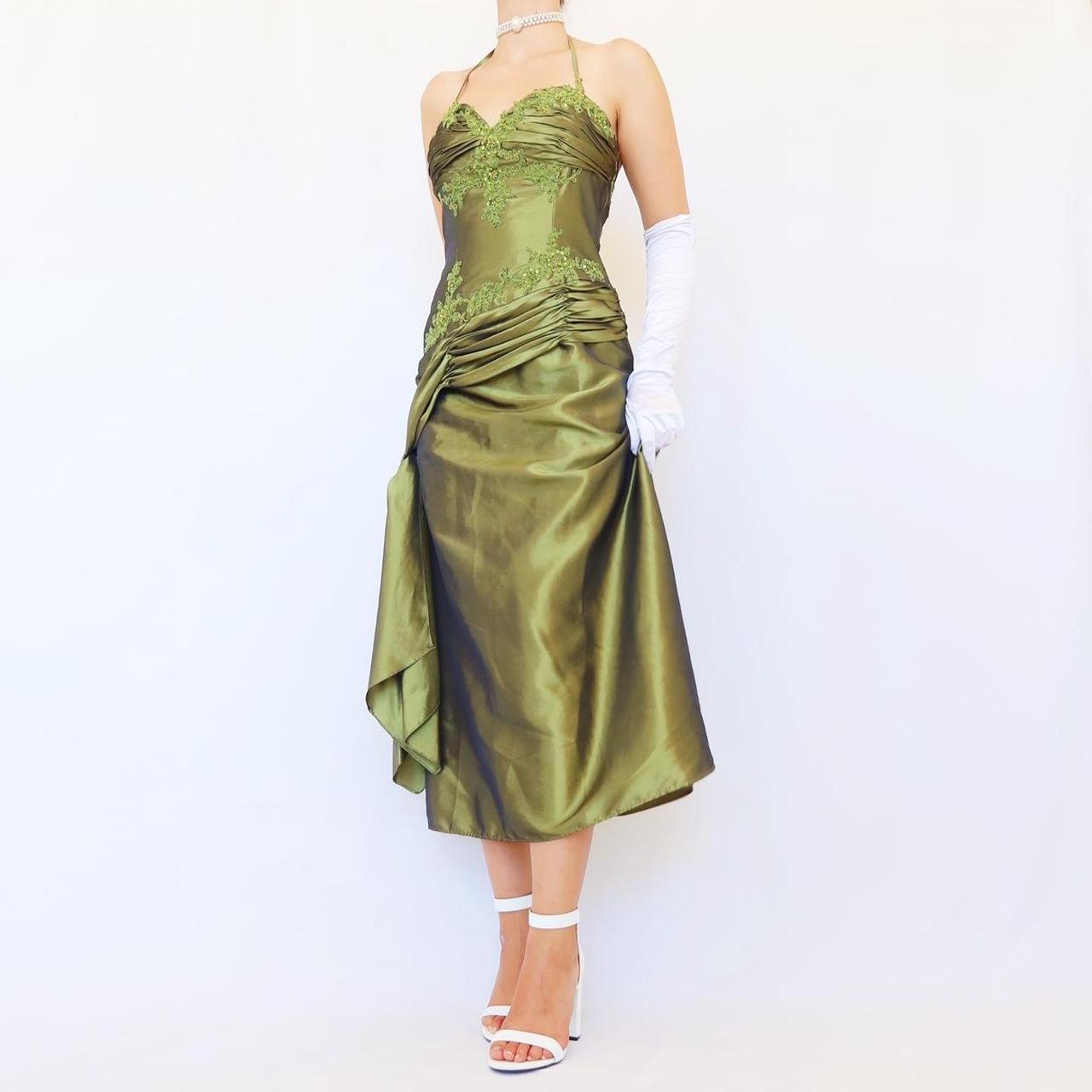 NiceVestidos-Green delicate floral applique vintage long satin gown evening dress Nv5633