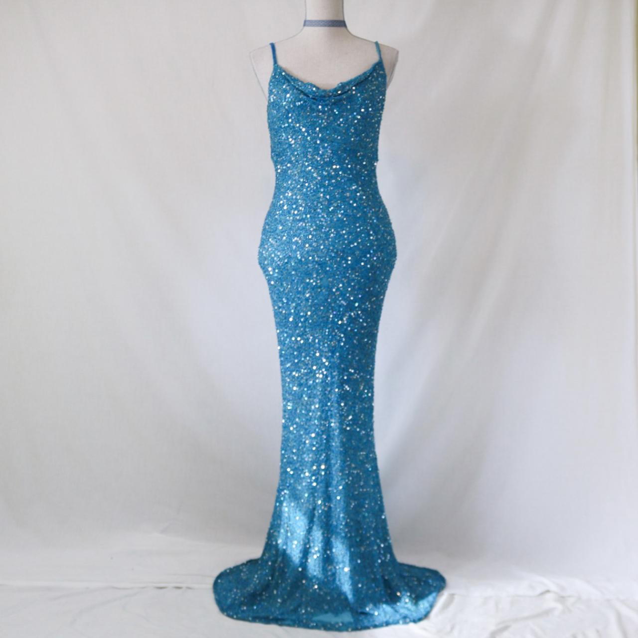 Vintage aqua blue beaded sequined long formal prom dress, evening gown, party dress nv4986