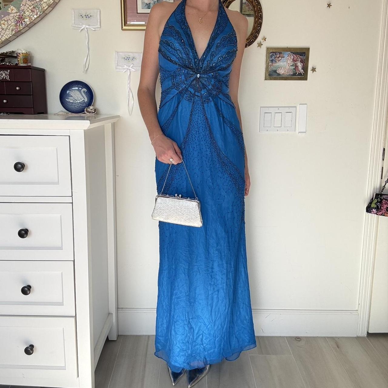 Robe de soirée longue bleue scintillante à perles et perles nv4681