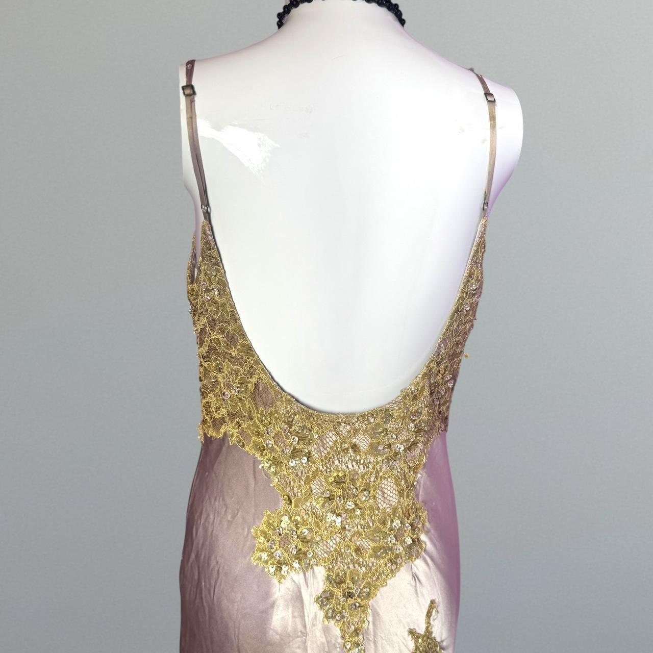 Women's Gold and Pink Intricate Beaded Long Sequined Satin Gown nv5328