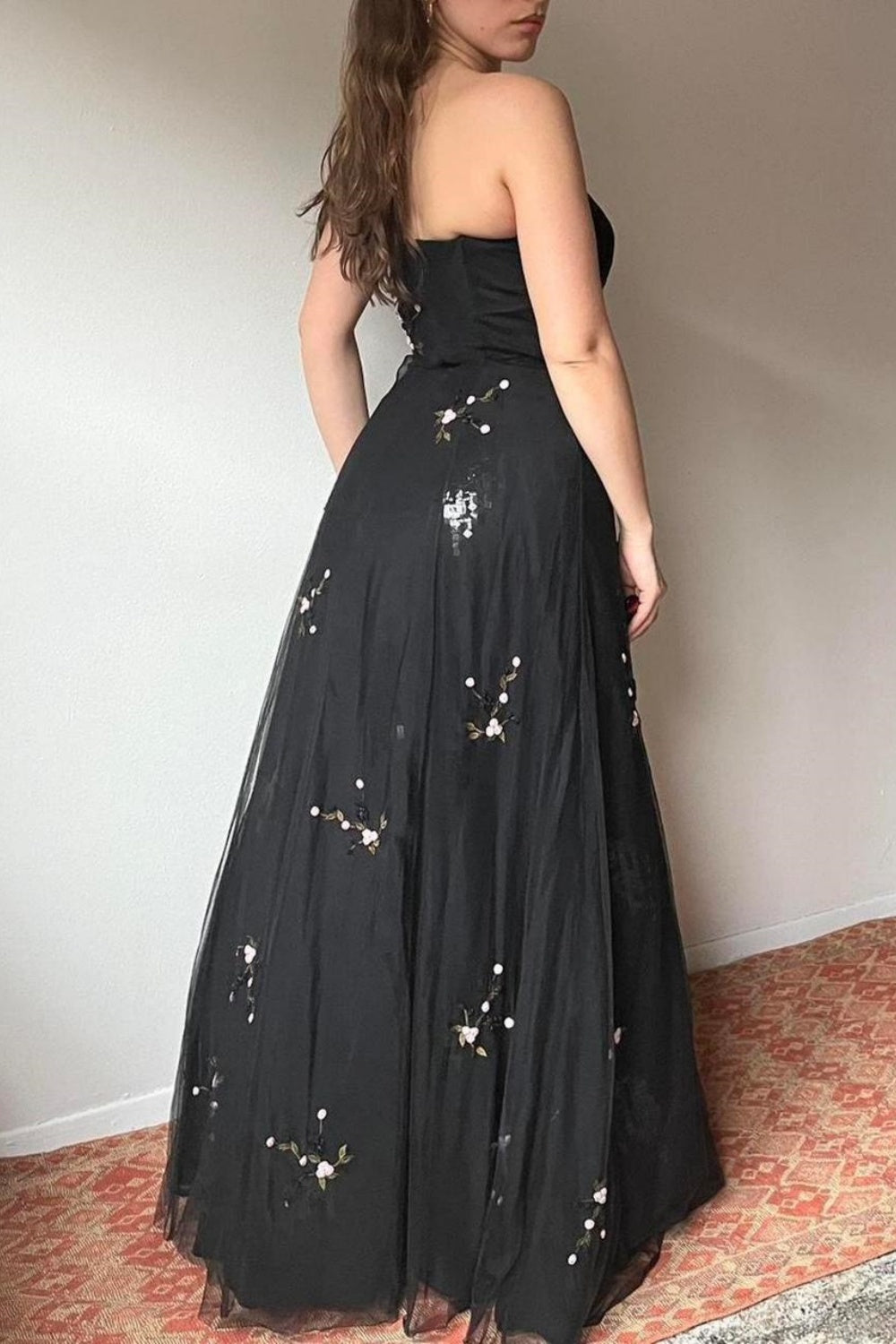 NiceVestidos-Black vintage floral long tulle evening gown Nv5640